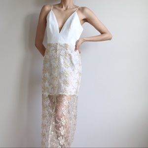 NBD White + Gold Embroidered Lace Dress